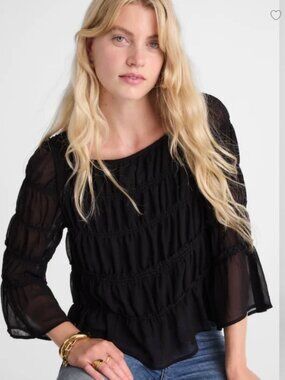 Madewell Black Square Neck 3/4 Sleeve Tiered Top S NWT